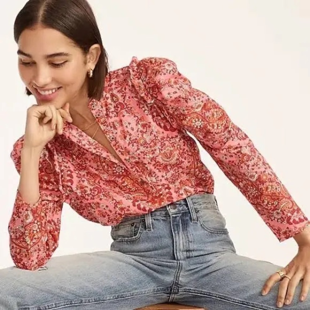 J. Crew Puff-sleeve top in oversized paisley